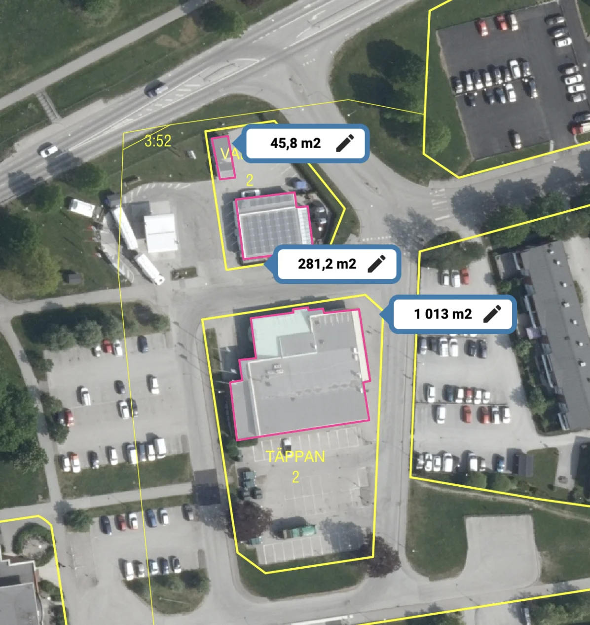 Uppmätta byggnadsareor i Grind handelsområde: ≈ 1 013 m² (Coop), ≈ 281 m² och ≈ 46 m² — totalt ≈ 1 340 m².